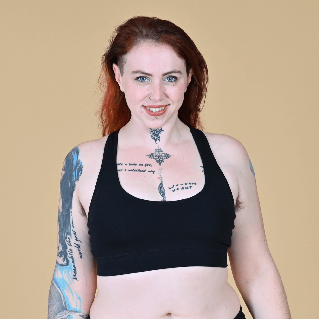 Eilidh is wearing a black racerback cotton bralette